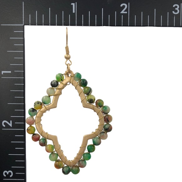 Green Multicolor Natural Stone Wrapped Gold Open Quatrefoil Dangle Earrings - Picture 2 of 3